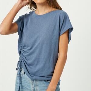 Linen Blend Blue Drawstring Ruched Side Dolman Short Sleeve Womens Blouse Top